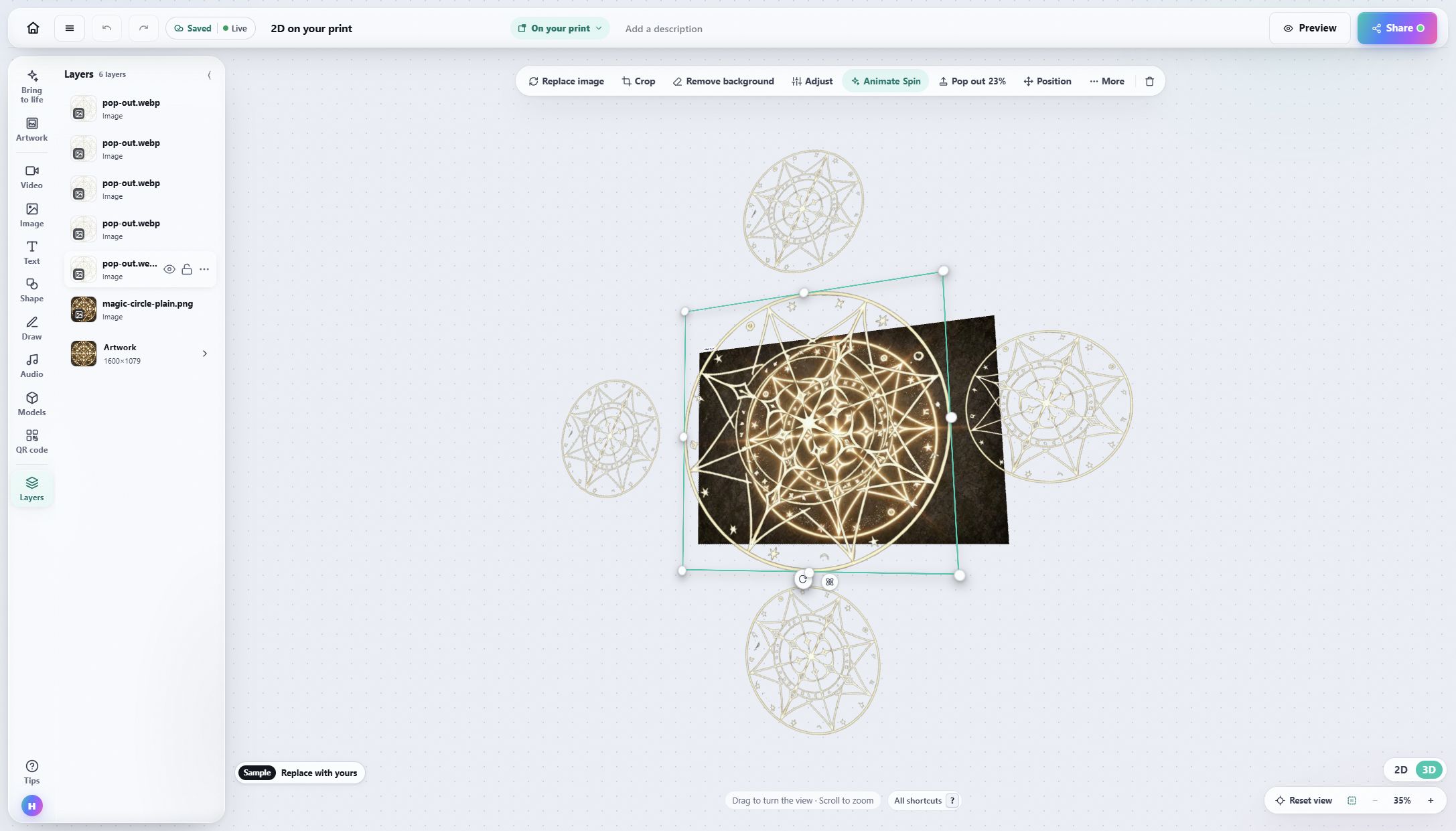 The Interart editor with its top bar, editing tools and Layers panel visible around an original artwork with floating golden circles