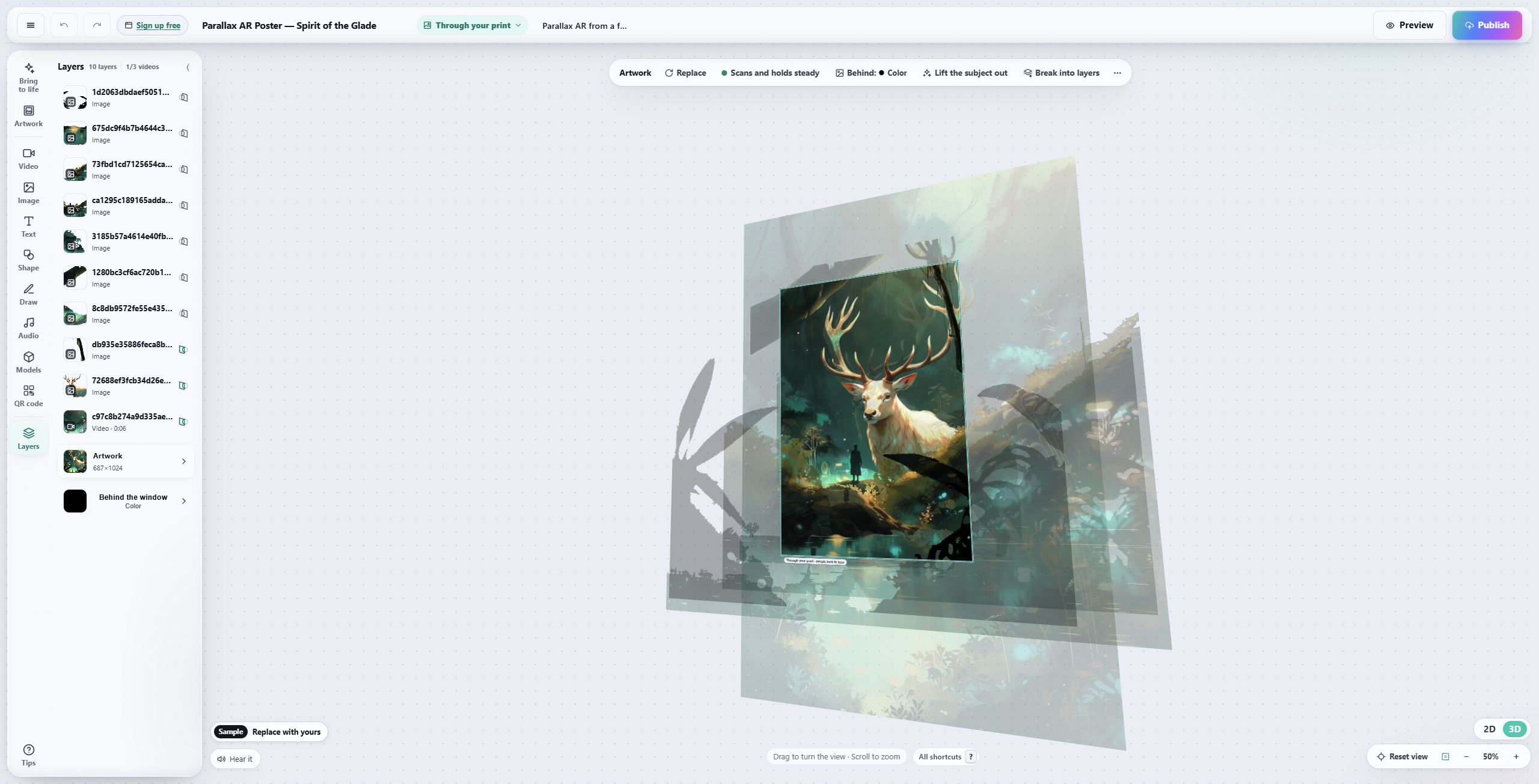 The Interart editor showing a forest illustration in separate depth layers, with its top bar, editing tools and Layers panel visible