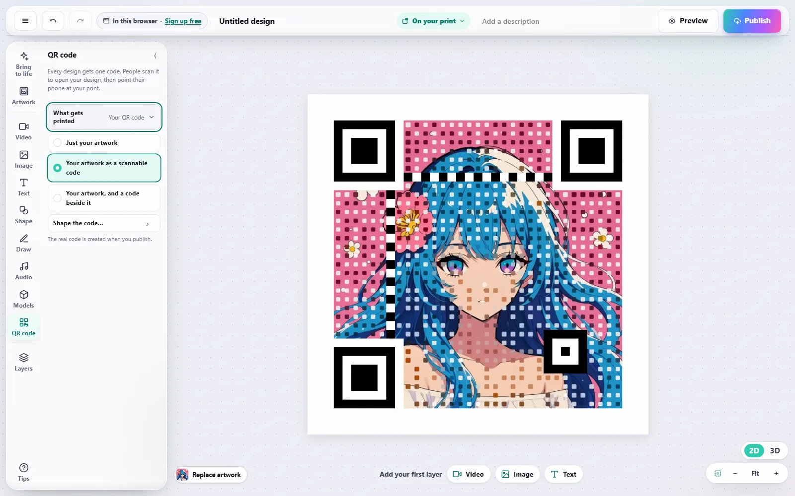 The Interart editor with an illustration printed as a scannable art code, chosen under “What gets printed” in the QR code panel