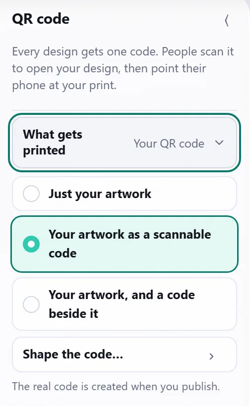 The QR code panel in the Interart editor, with “Your artwork as a scannable code” chosen under “What gets printed”