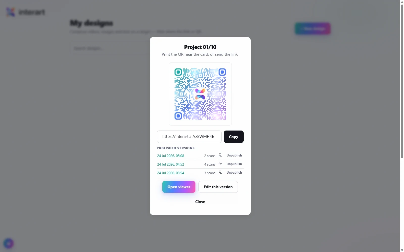 The Interart share dialog for a published poster: branded QR code, share link, and per-version scan counts