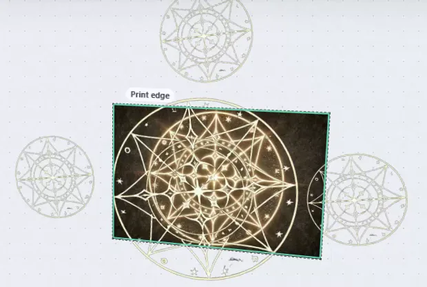 Glowing circles placed on and around the artwork in the Interart editor, with the print edge marked
