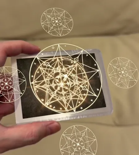 A phone pointed at the print: the magic circles light up on it and float around it