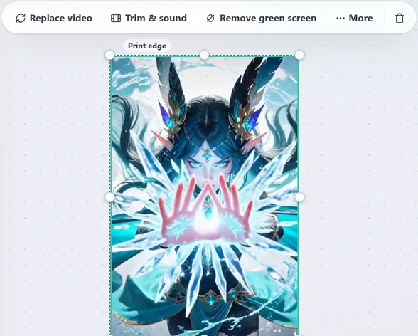 The same illustration, now a moving video, selected exactly over the print edge in the Interart editor