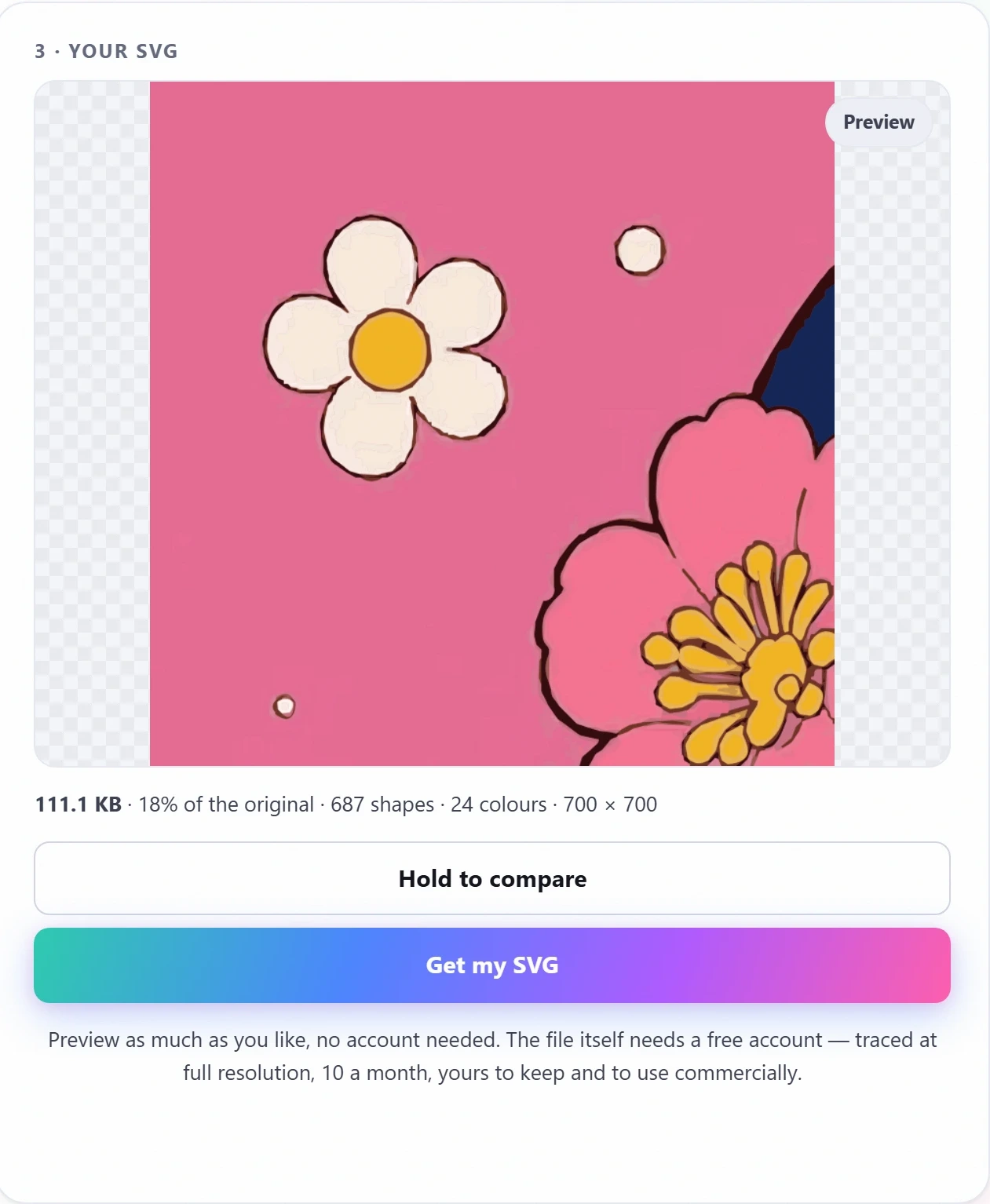 The converter with an illustration loaded: a preset picker reading Line art, Logo, Artwork, Poster and Photo, a detail slider, and the traced result beside it.